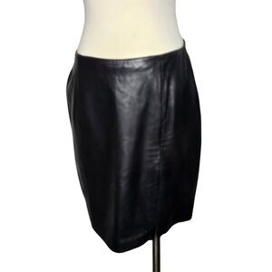 Siena Studio Black Genuine Leather Mini Skirt Front Slit Size 10 Pencil Skirt